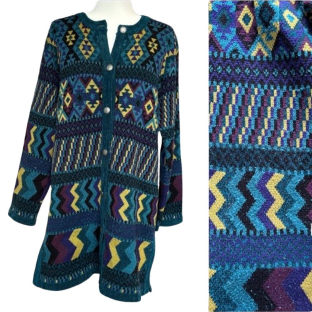 Chico's Multicolor Geometric Knit Cardigan Vintage 90s Southwest Bohemian Sz L